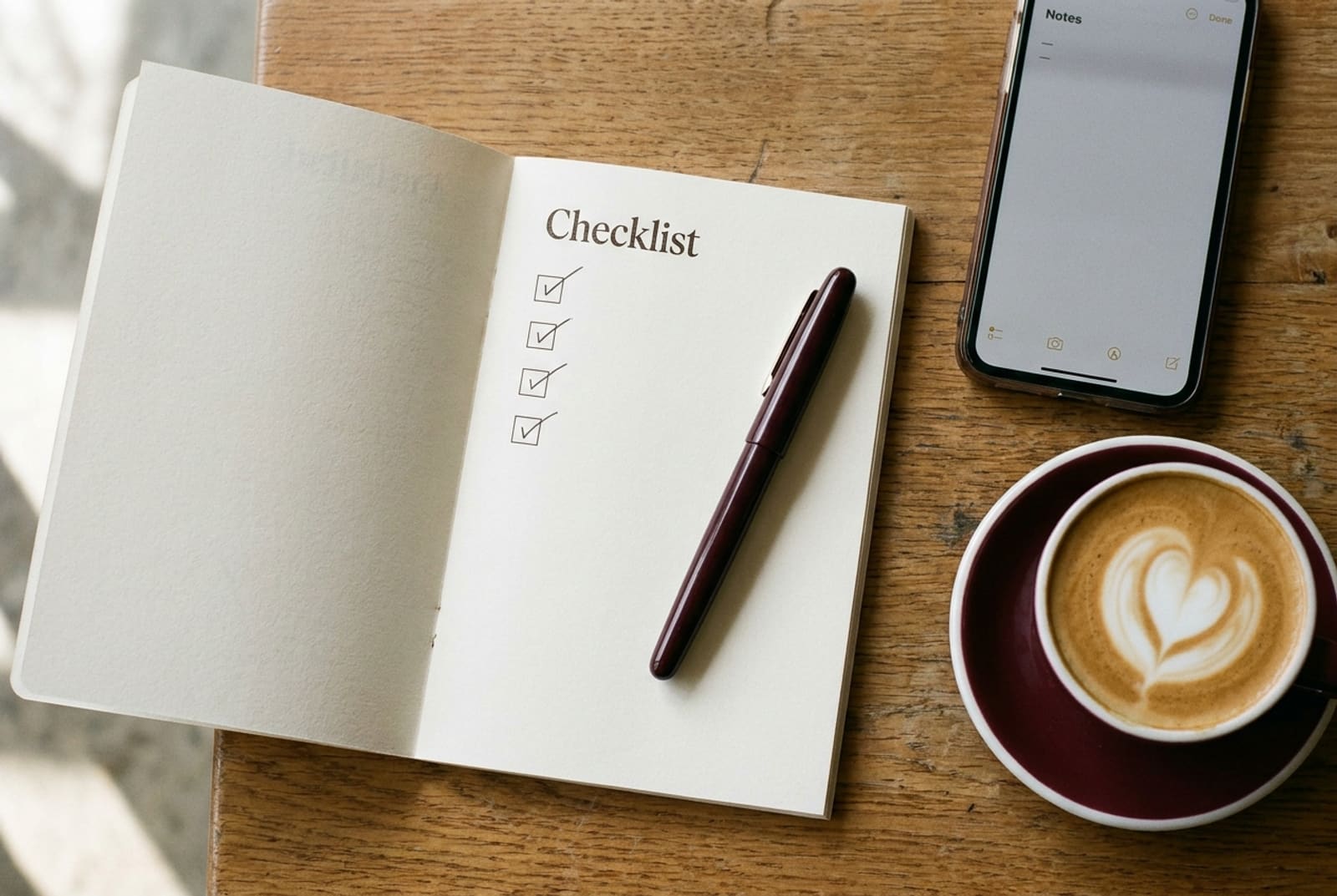 A printed checklist, a pen and a coffee on Tilly's desk
